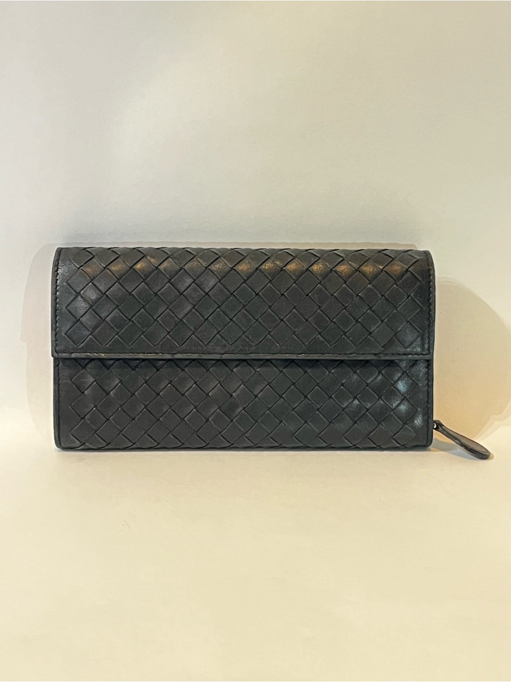 Authentic Bottega Veneta Black Intrecciato Nappa Long Flap Wallet Made in Italy